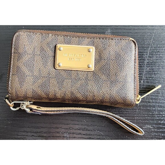 Michael Kors Jet Set Continental Brown Zip Around Wallet MK Monogram - Picture 1 of 7